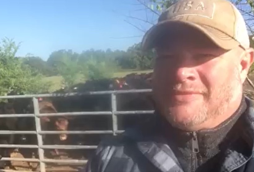 Man in a baseball cap stands in front of a cattle pen on a sunny day, with cows visible in the background. The scene captures rural life and livestock farming.