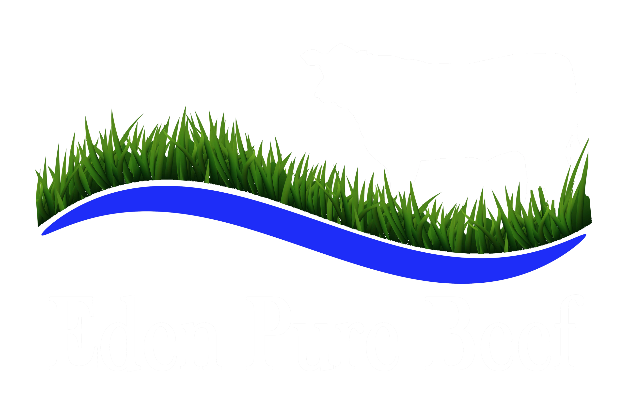 Eden Pure Beef logo featuring a silhouette of a cow surrounded by green grass and a blue wave design, emphasizing high-quality, grass-fed beef products.